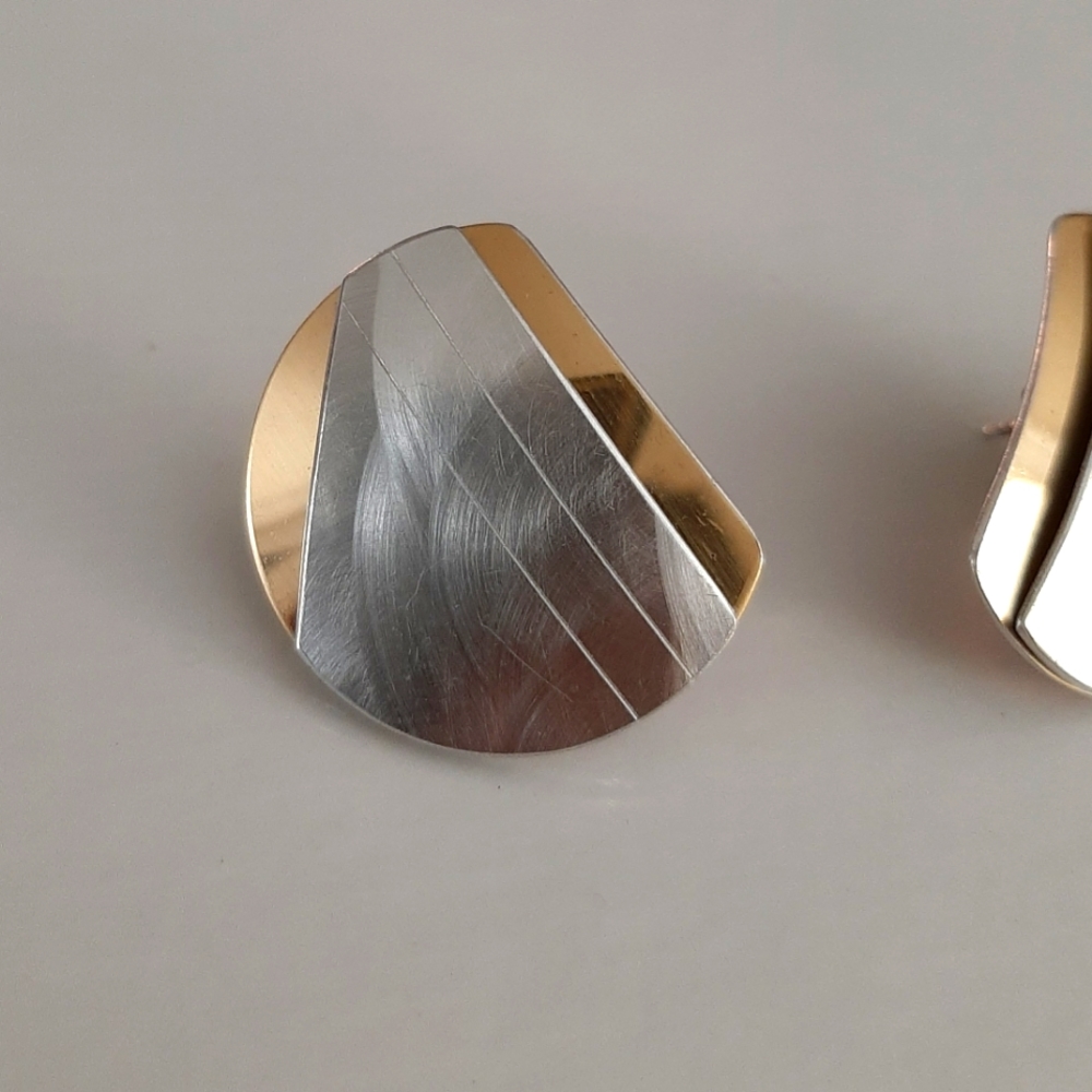 Modern Geometric Design Lazer Etched Mixed Metals, Gold & Silver Tone Earrings - Picture 3 of 7